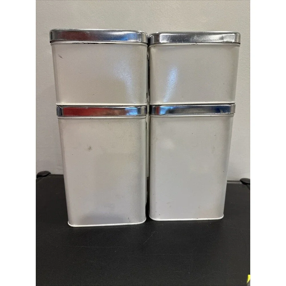 EKCO Canada Vintage Metal MCM Kitchen Canister Set Of 4 White Silver Green Trim